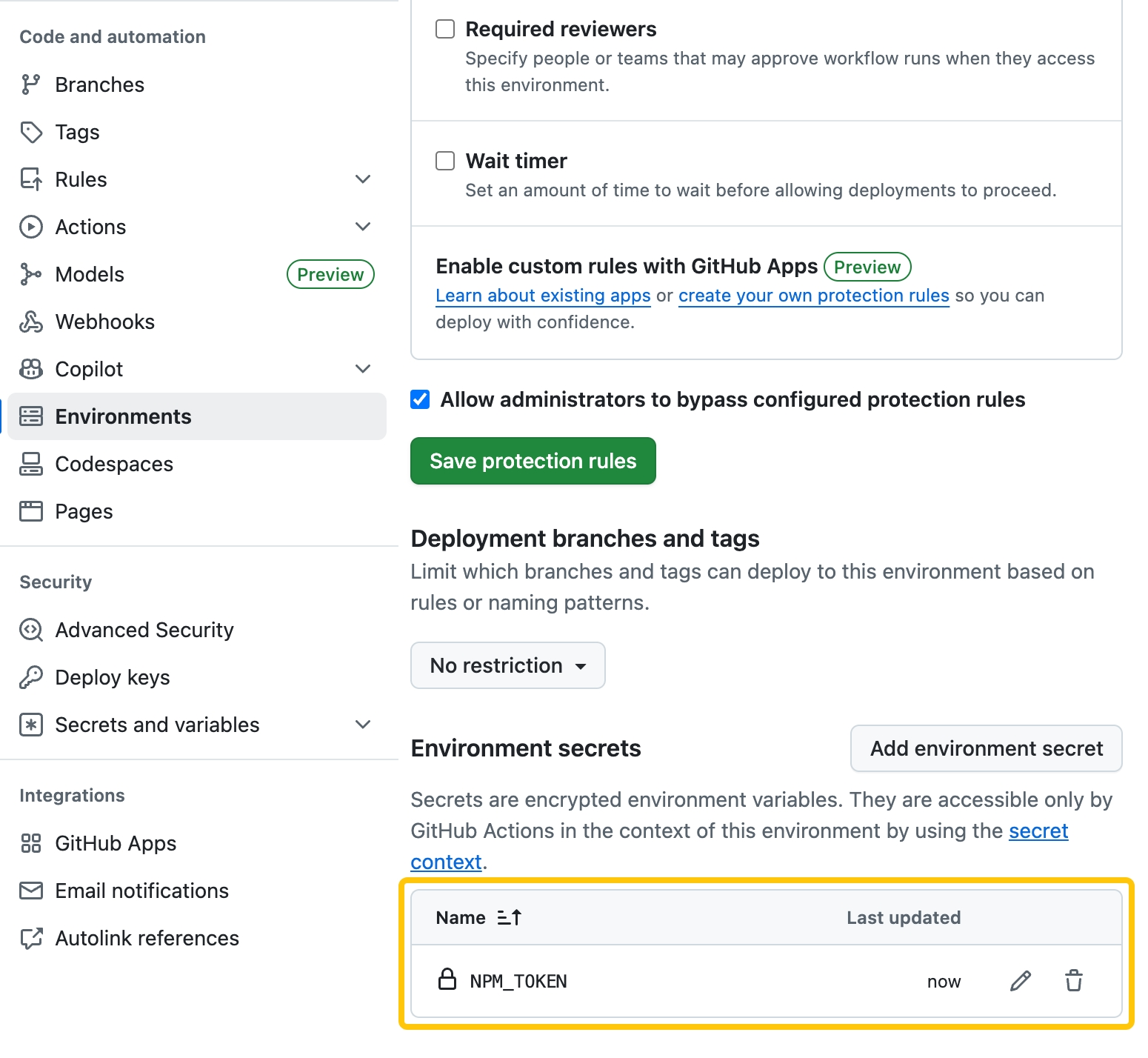 Repository settings environments secrets